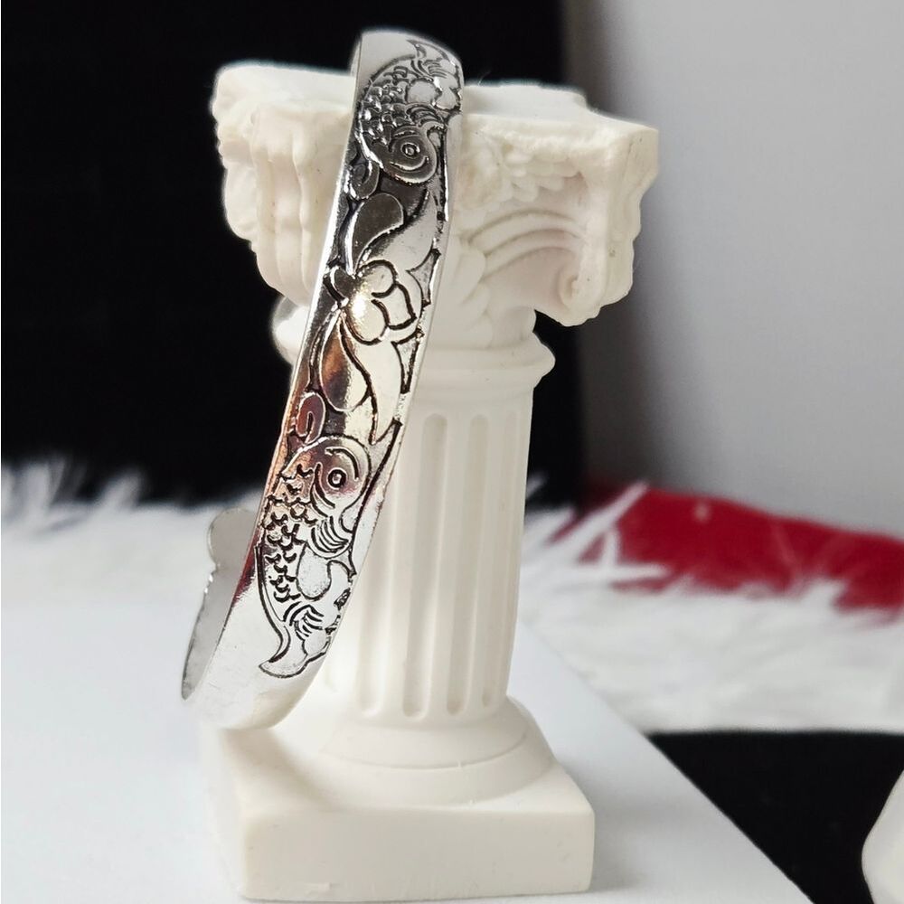 Koi Fish Lotus Flower Engraved Silver Stainless Steel Open Bangle Bracelet Cuff